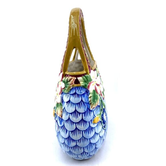 Ceramic Handbag Purse Planter Plumeria Fish Scale Tropical Hawaiian 10" Porcelai - Picture 4 of 9